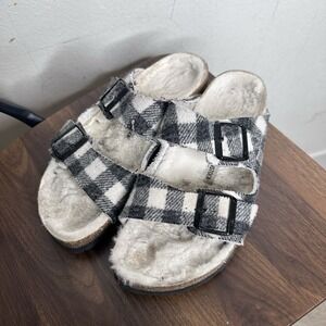 Birkenstock Arizona Rivet Plaid White Wool & Shearling Fur Sandals sz 9 EU 41